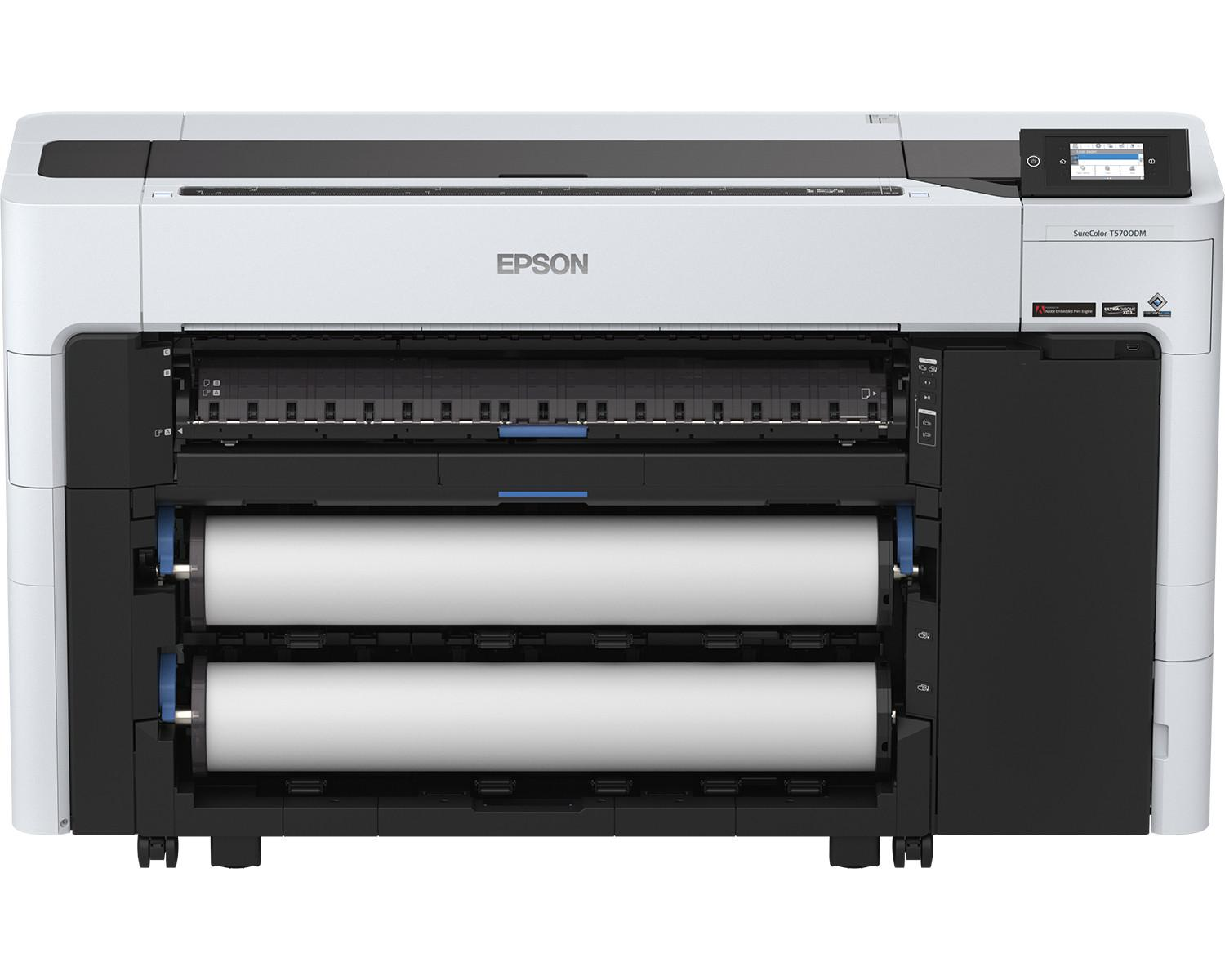 Una stampante Epson SureColor T5700DM bianca con due rotoli di carta.
