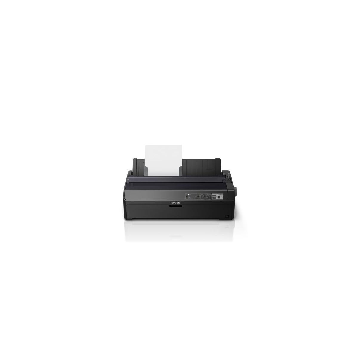 A black Epson dot matrix printer with paper emerging from the front.
