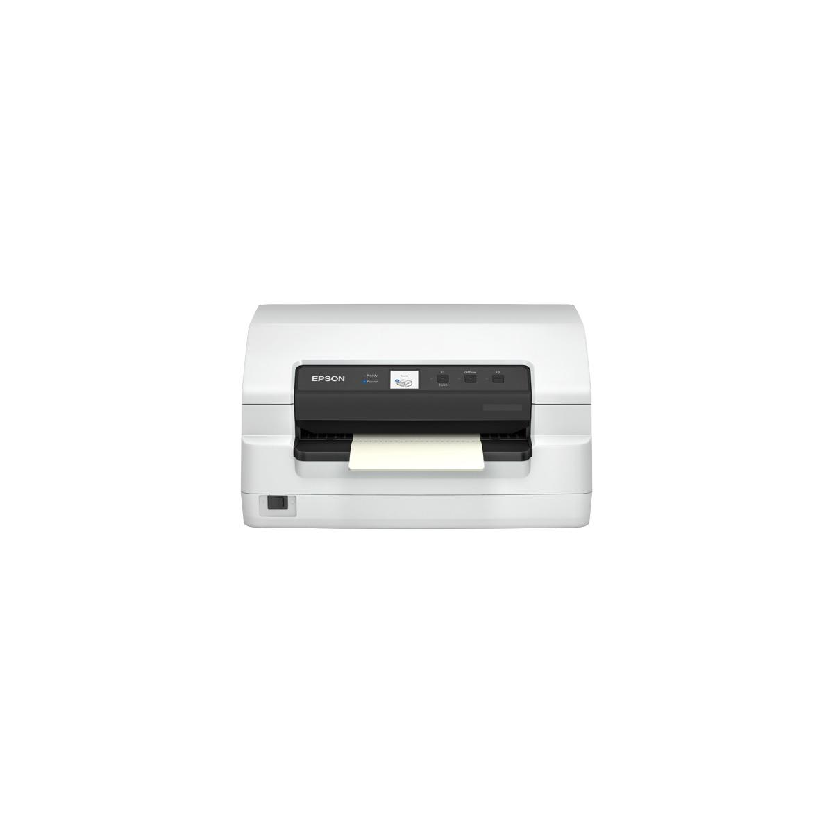 Ein weißer Epson-Drucker mit einem Papierfach, aus dem ein Blatt Papier herausragt.