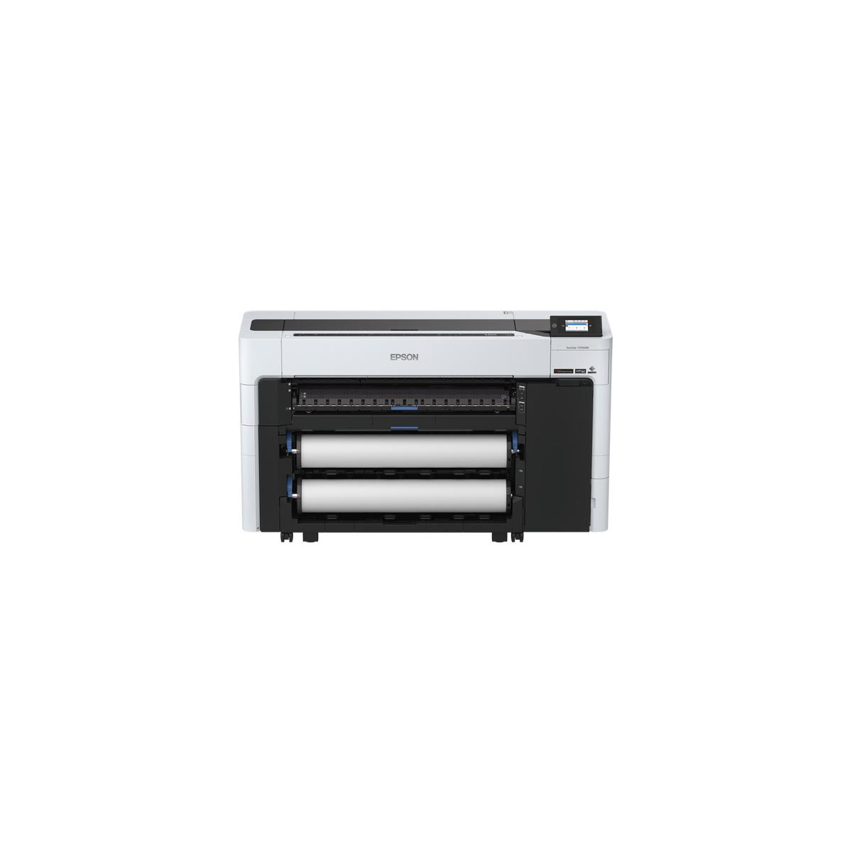 Ein weißer und schwarzer Epson-Drucker mit zwei Papierrollen.