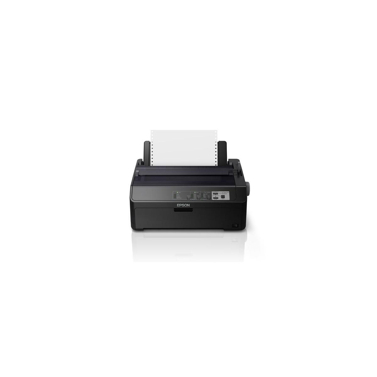 Una impresora matricial Epson negra con papel blanco.