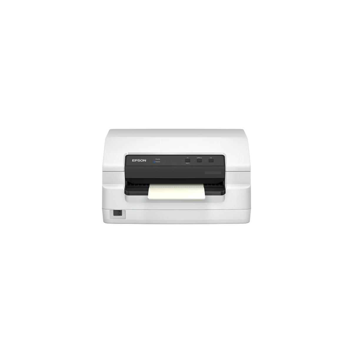 Biała drukarka Epson ze szczeliną wyjściową na papier.