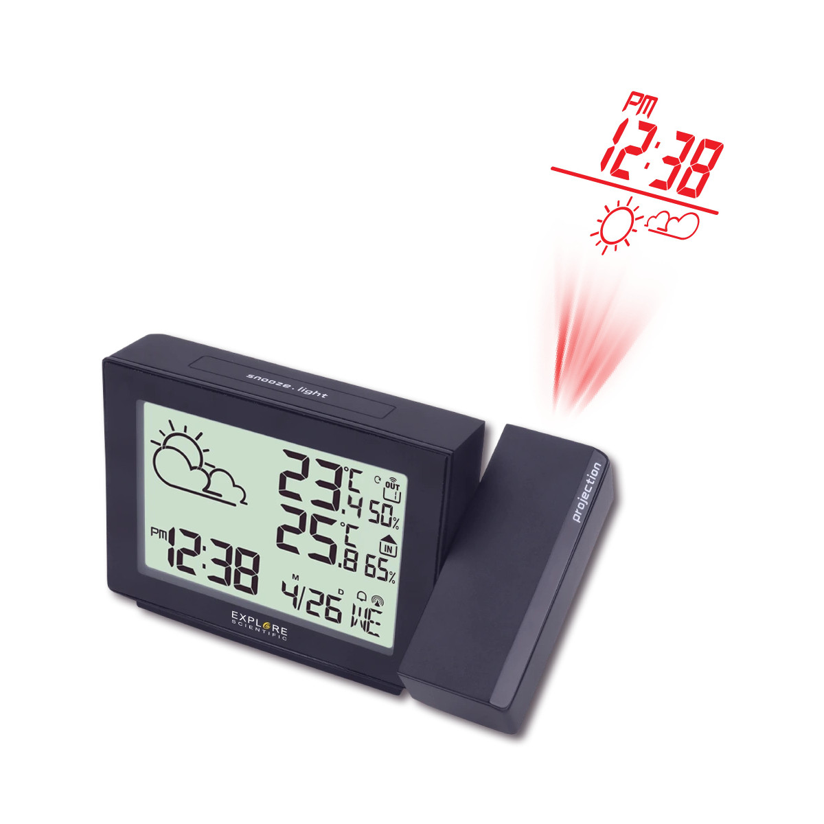 Ein schwarzer Wetteralarm mit Projektionseinheit wirft die Uhrzeit rot an die Wand.