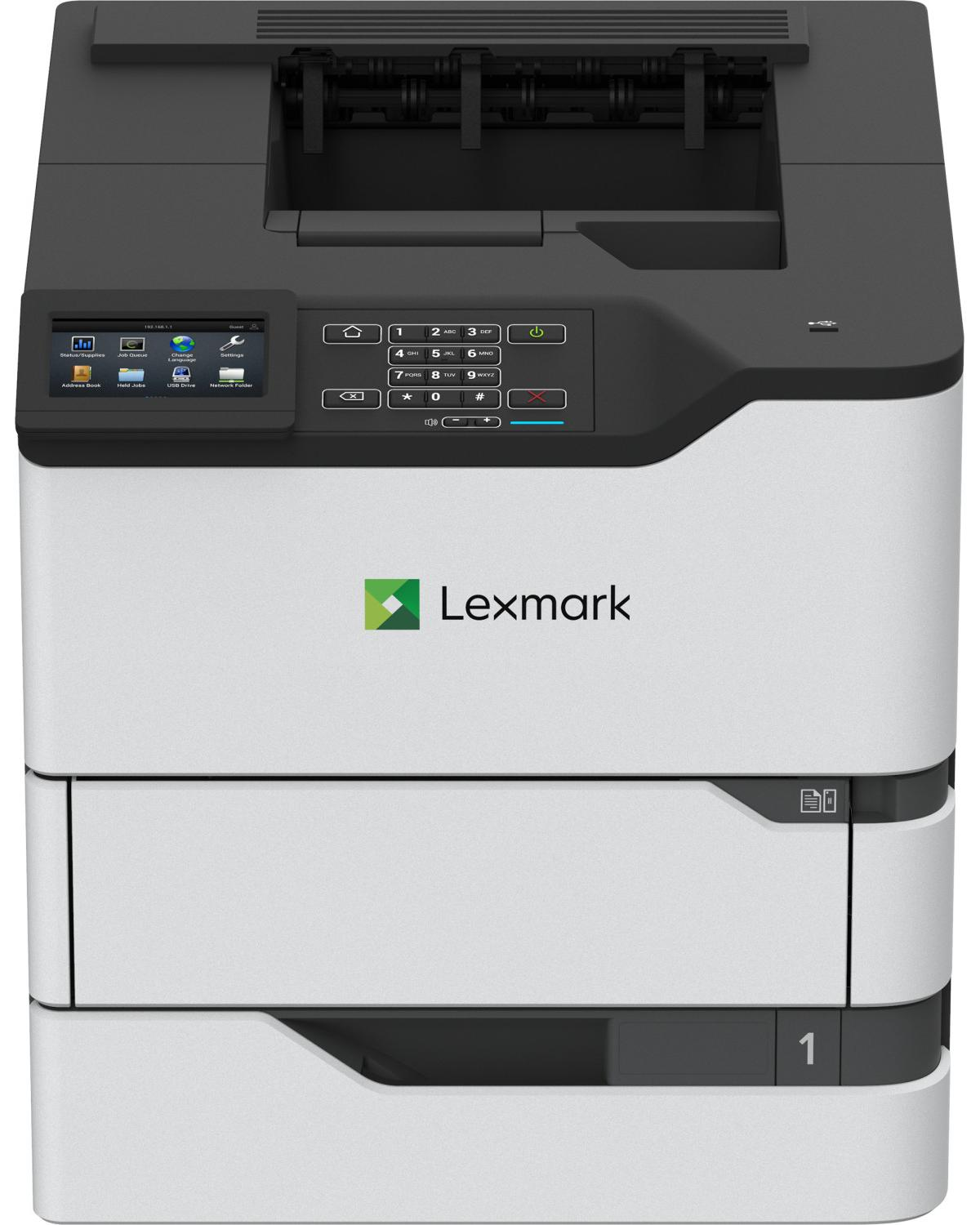 Drukarka laserowa Lexmark z ekranem dotykowym, klawiaturą i podajnikami papieru. Jest biało-czarna.