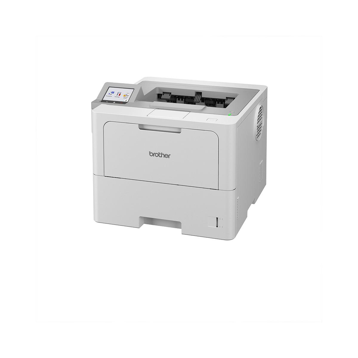 A white Brother laser printer with a touchscreen display and paper tray.