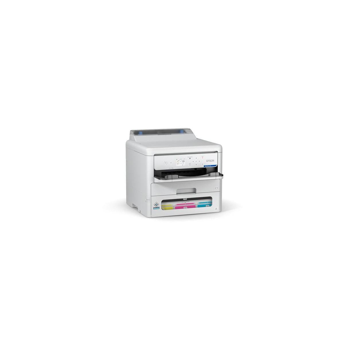 White Epson printer with visible ink cartridges in yellow, magenta, and cyan.