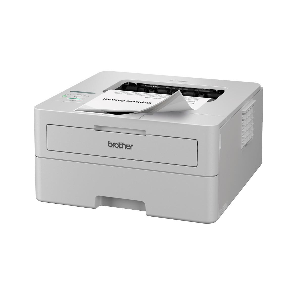 A white Brother laser printer is printing a document labeled 'Employee Contract'.