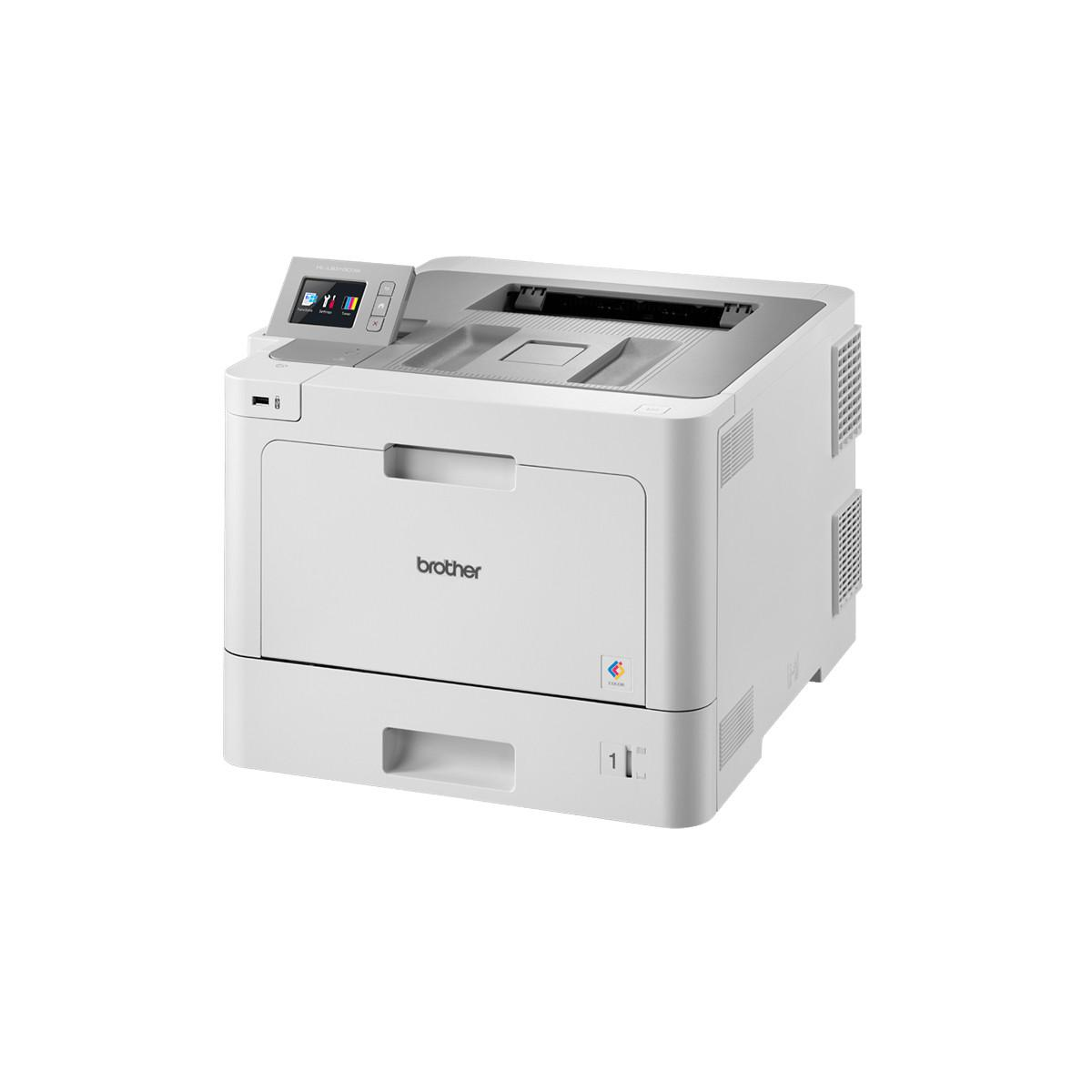 Een witte Brother laserprinter met bedieningspaneel en papierlade.