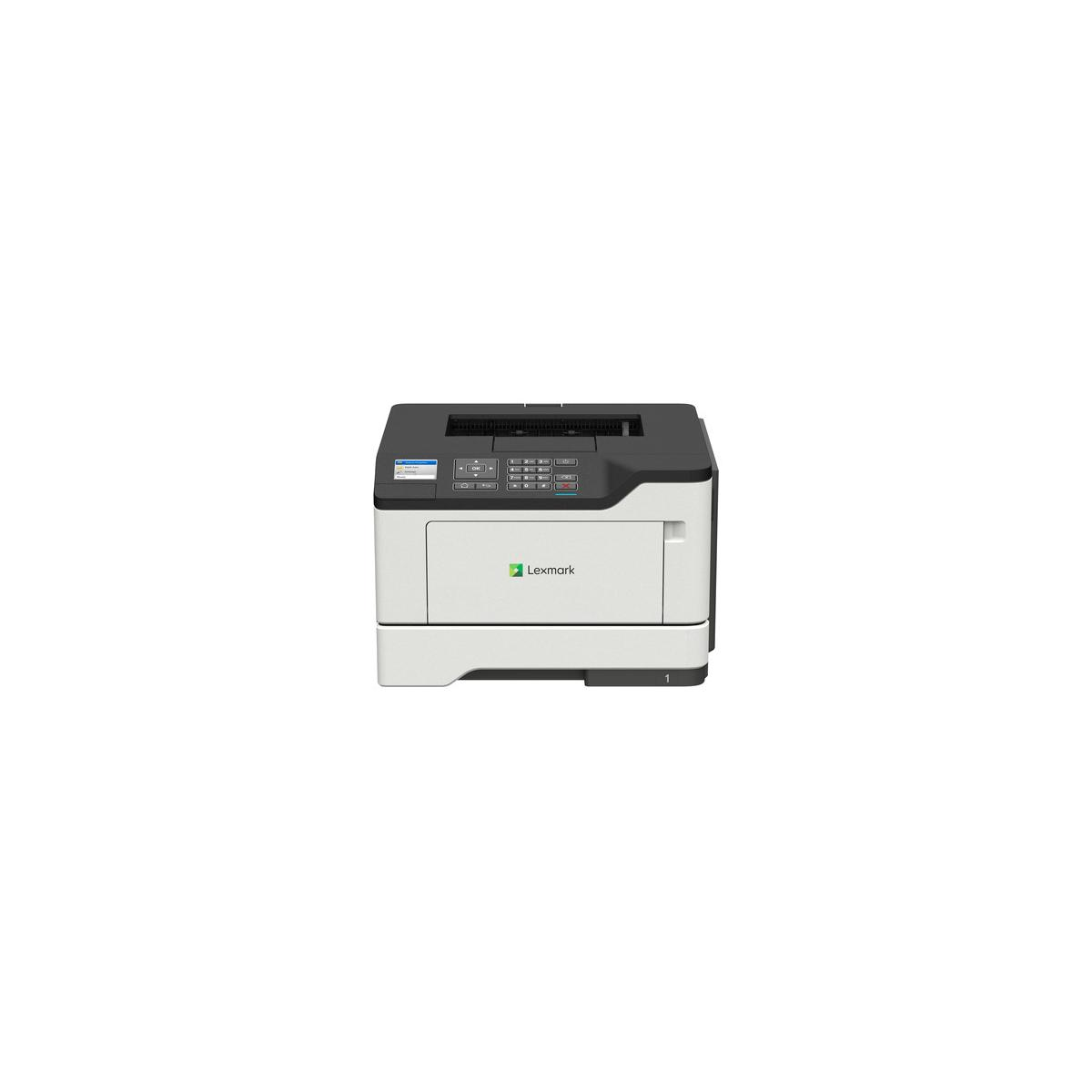 Una stampante Lexmark con parte superiore nera e corpo bianco si trova su sfondo bianco.