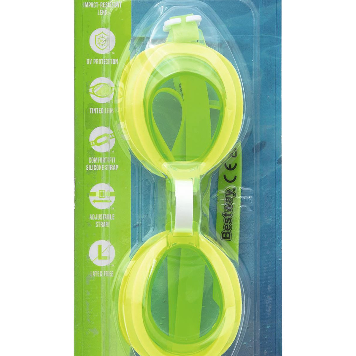 Occhialini da nuoto gialli con cinturino in silicone regolabile e protezione UV.