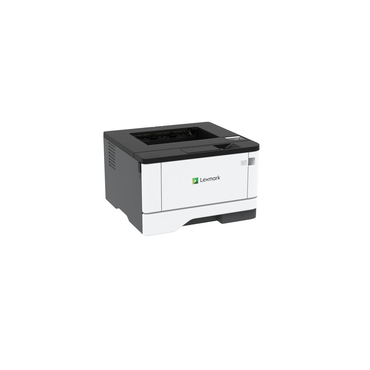 Una impresora Lexmark blanca y gris sobre fondo blanco.