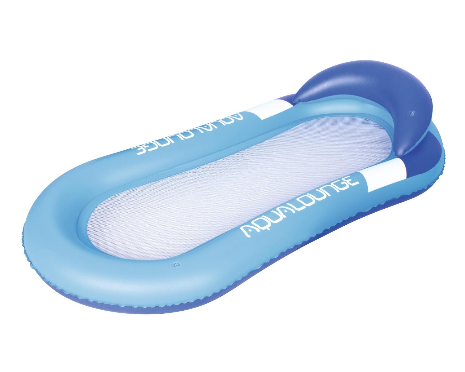 Een blauw opblaasbaar zwembadluchtbed met een netzitting en hoofdsteun.
