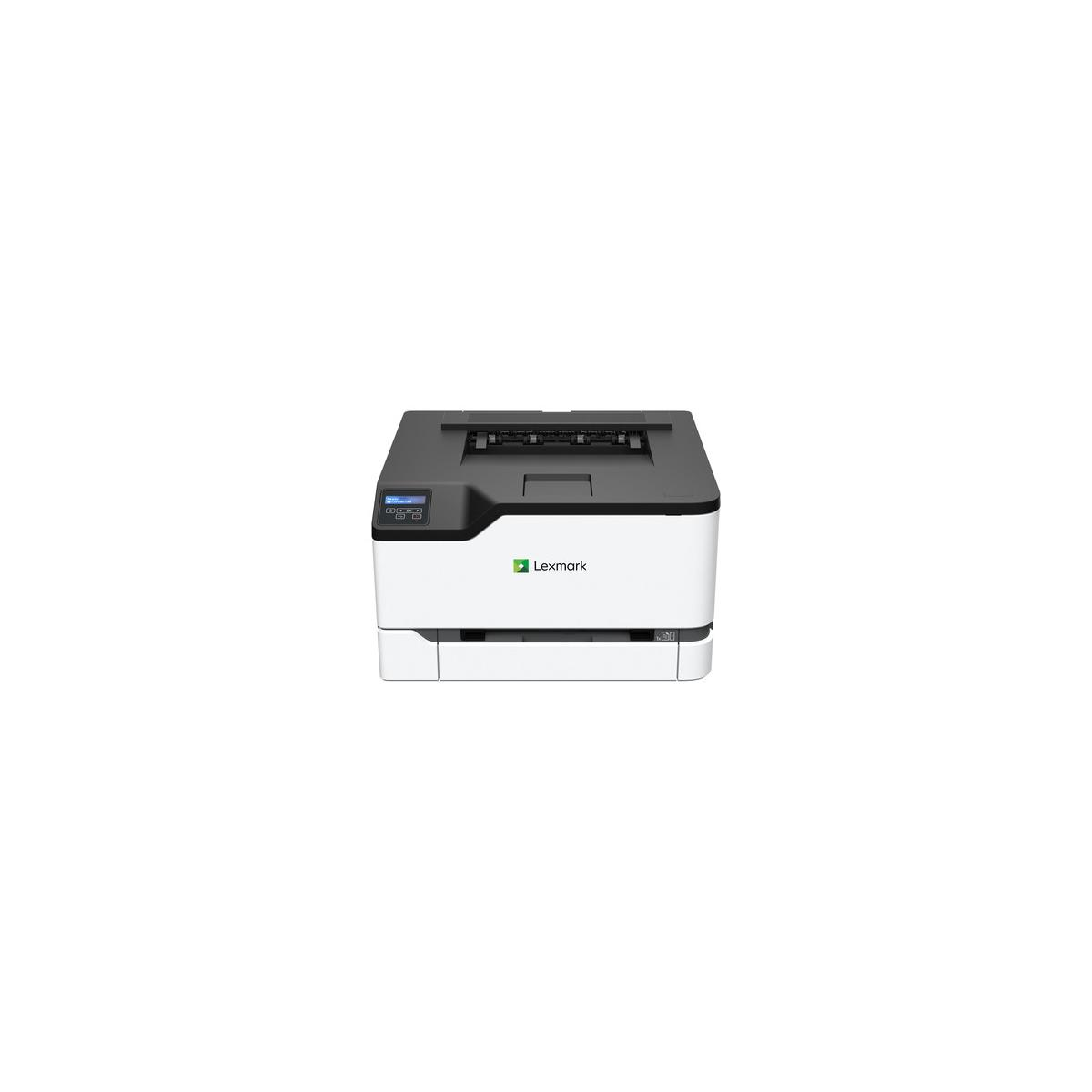 Una impresora láser Lexmark con panel de control y logo sobre fondo blanco.