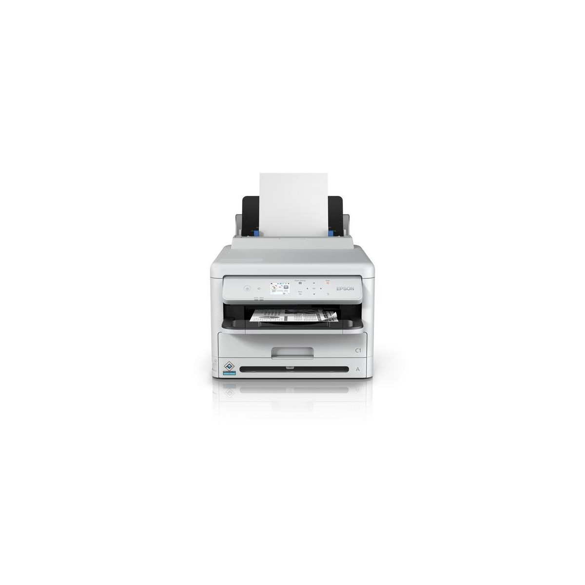 Ein weißer Epson Drucker mit Papier im Einzug und auf dem Ausgabefach.