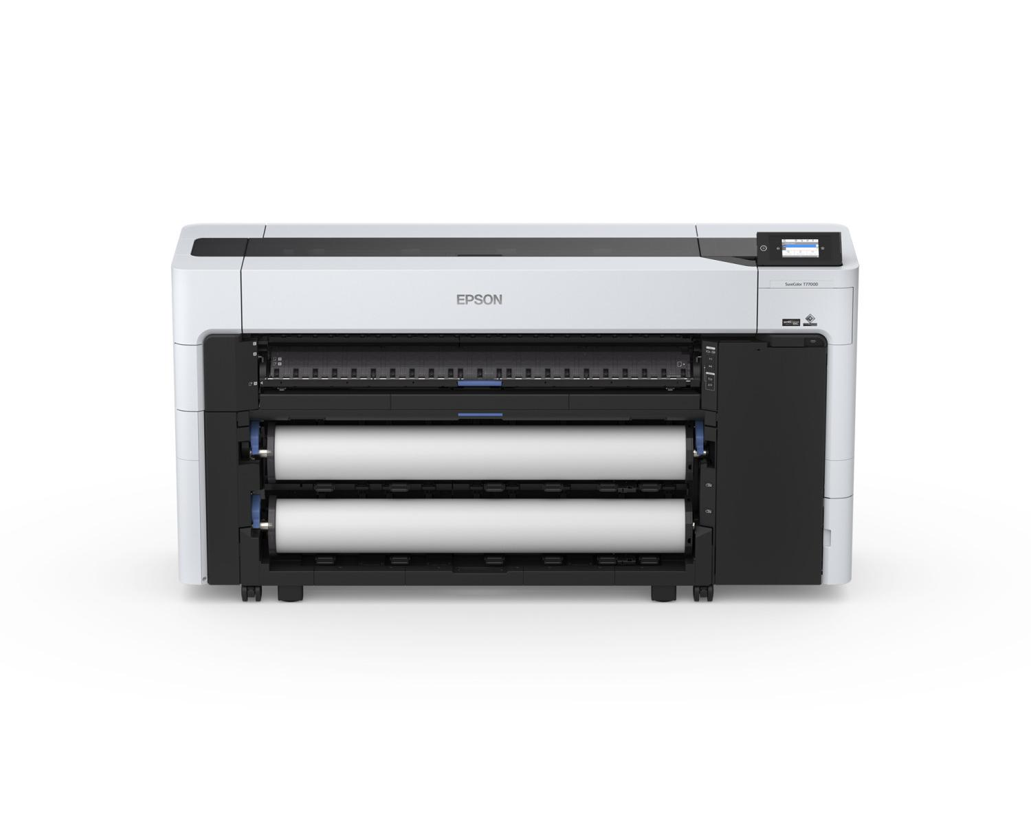 Stampante Epson SureColor T7700D bianca di grande formato con due rotoli di carta.