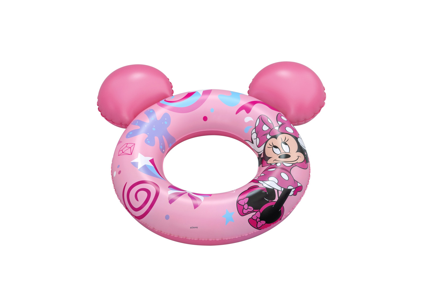 Ein aufblasbarer Schwimmring in Rosa mit Micky-Maus-Motiv und Ohren.