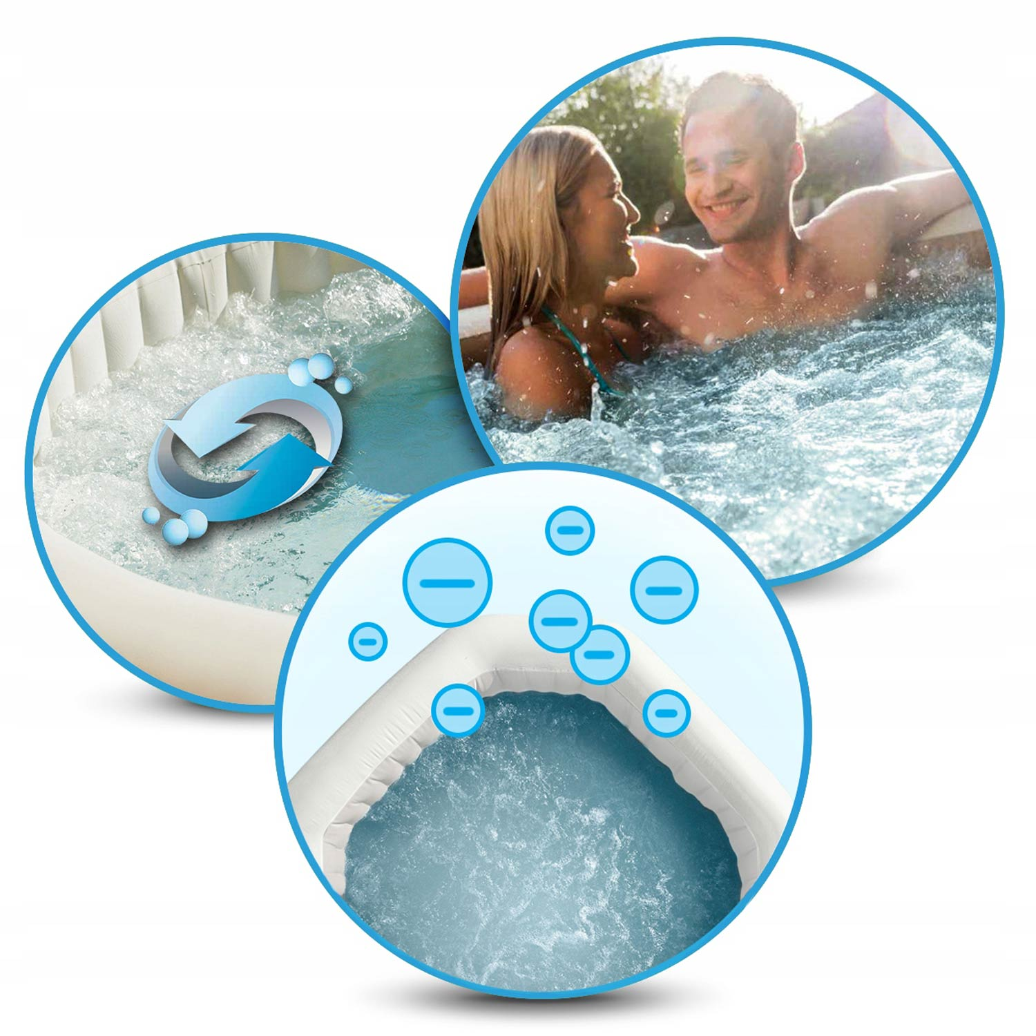 Para cieszy się jacuzzi; koło pokazuje strzałkę recyklingu; koło pokazuje jony ujemne.