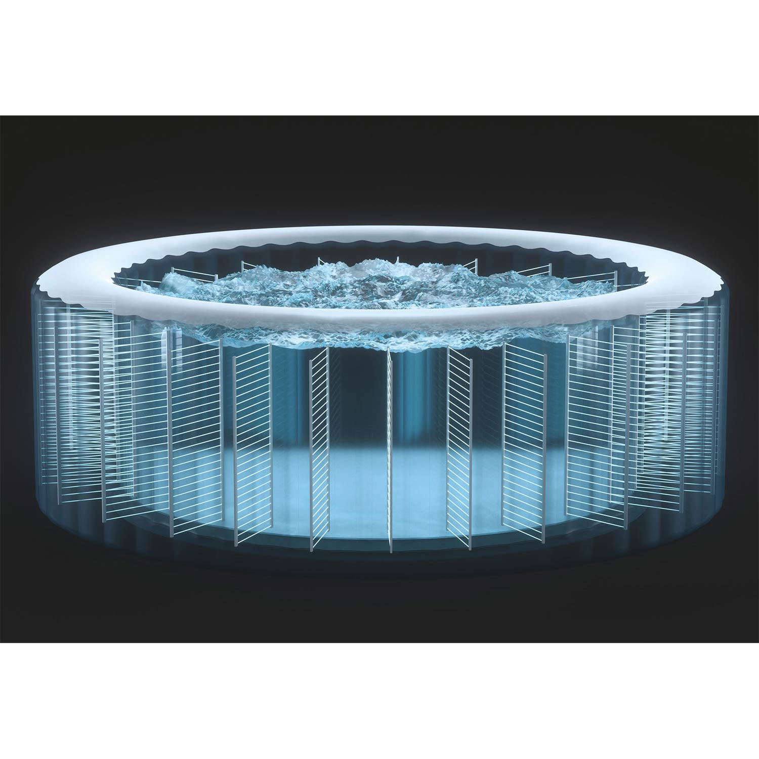 Nadmuchiwany jacuzzi z wodą i dyszami, oświetlony na niebiesko na czarnym tle.