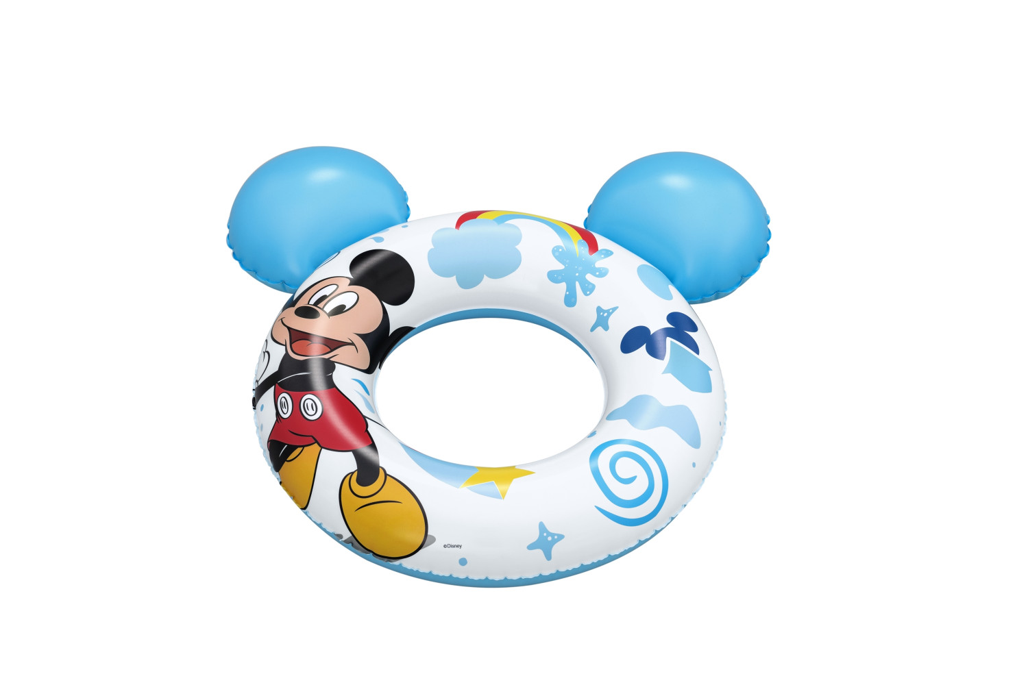 Aufblasbarer Schwimmring mit Mickey Maus Motiv und blauen Ohren.