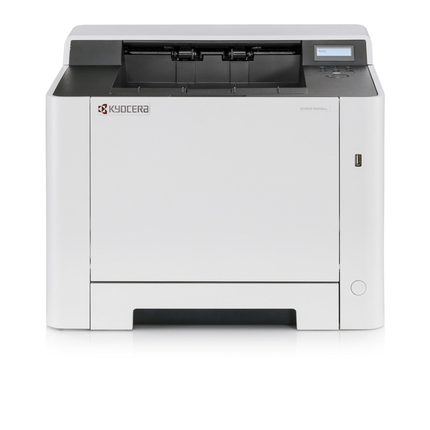 Una impresora Kyocera ECOSYS PA2100cx blanca con una pequeña pantalla y botones.