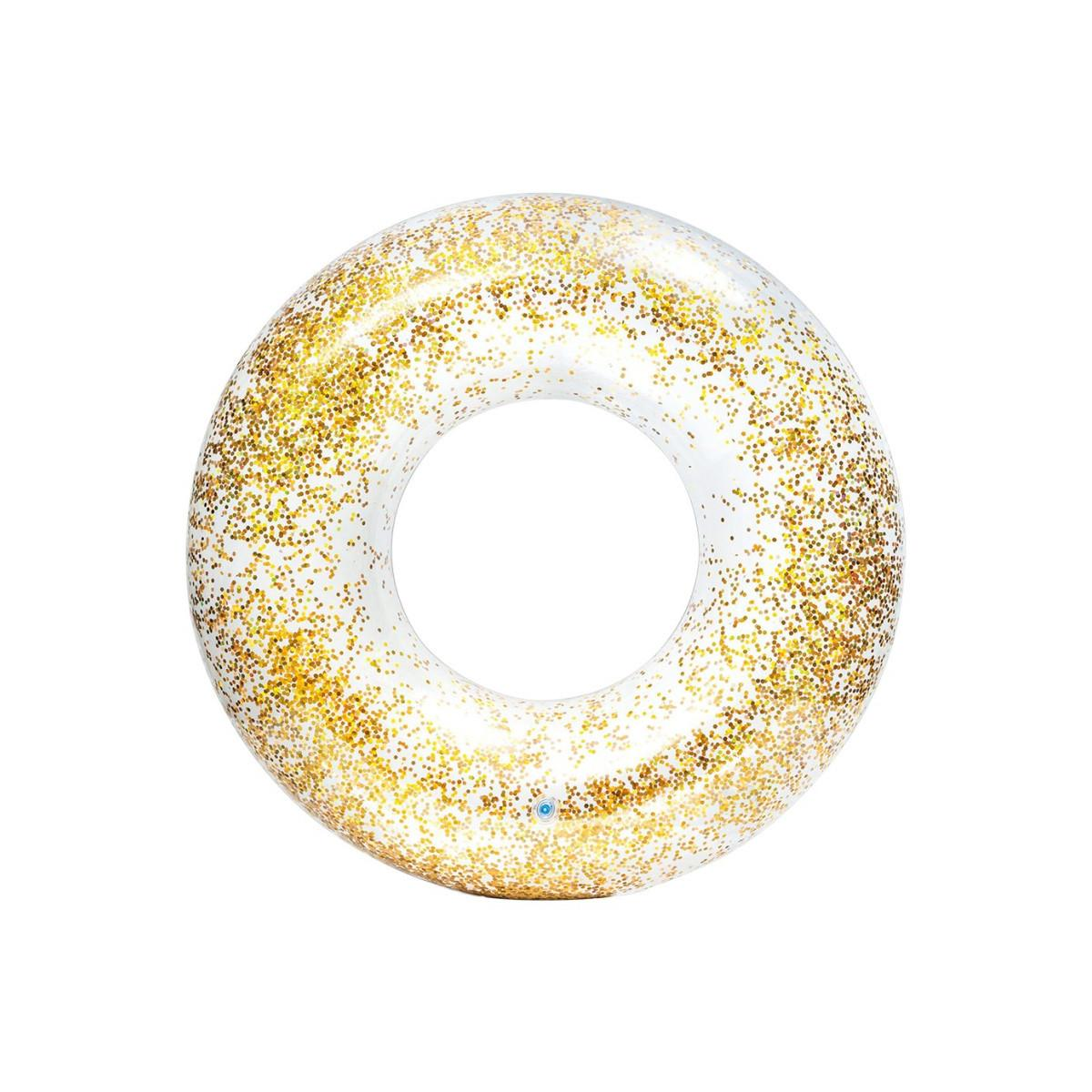Aufblasbarer Schwimmring mit goldenem Glitzer auf weißem Hintergrund.