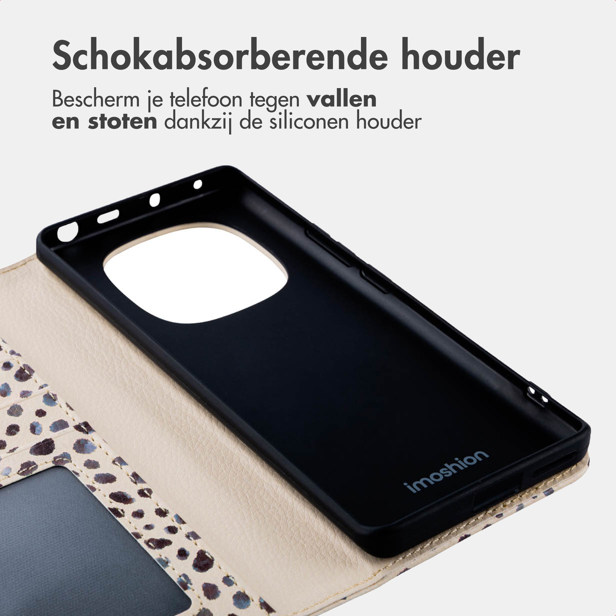 Custodia per telefono in silicone nero con portafoglio animalier.