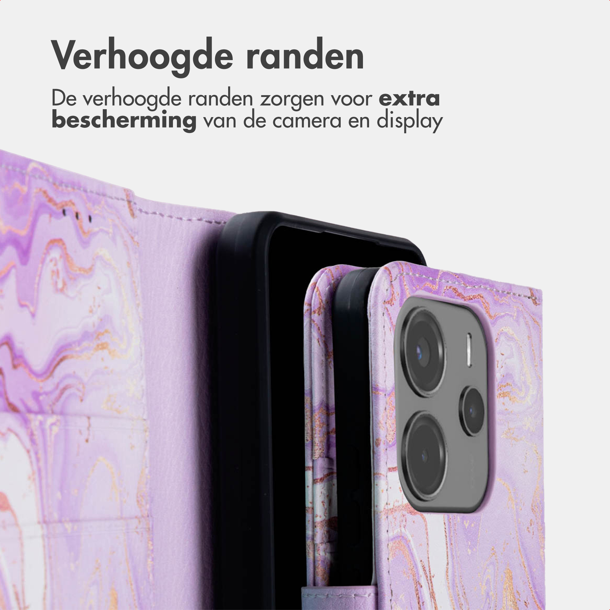 Custodia viola effetto marmo con bordi rialzati per fotocamera e display.