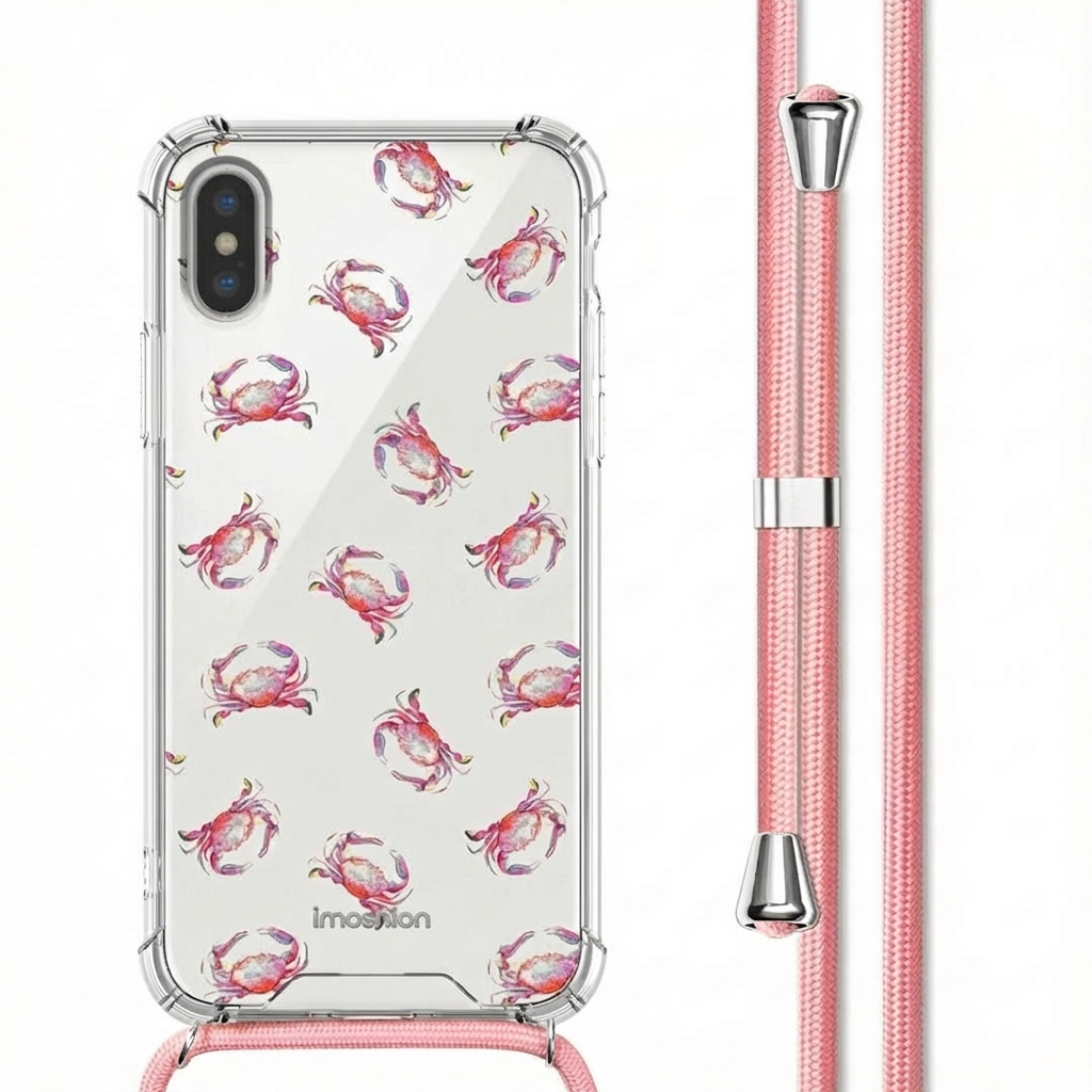 Doorzichtige telefoonhoes met roze krabbenpatroon en bijpassend koord.