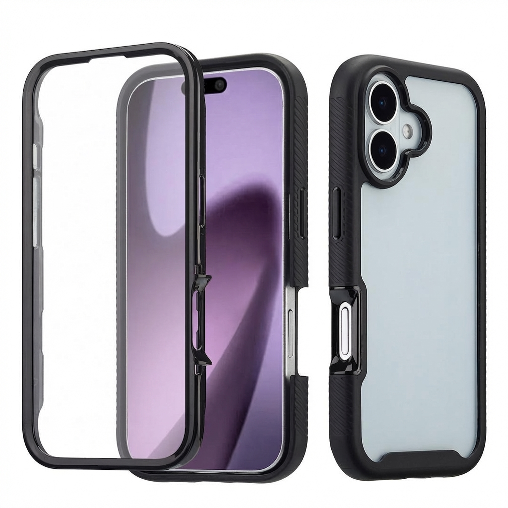Ensemble de coque de téléphone noire avec cadre et dos transparents.