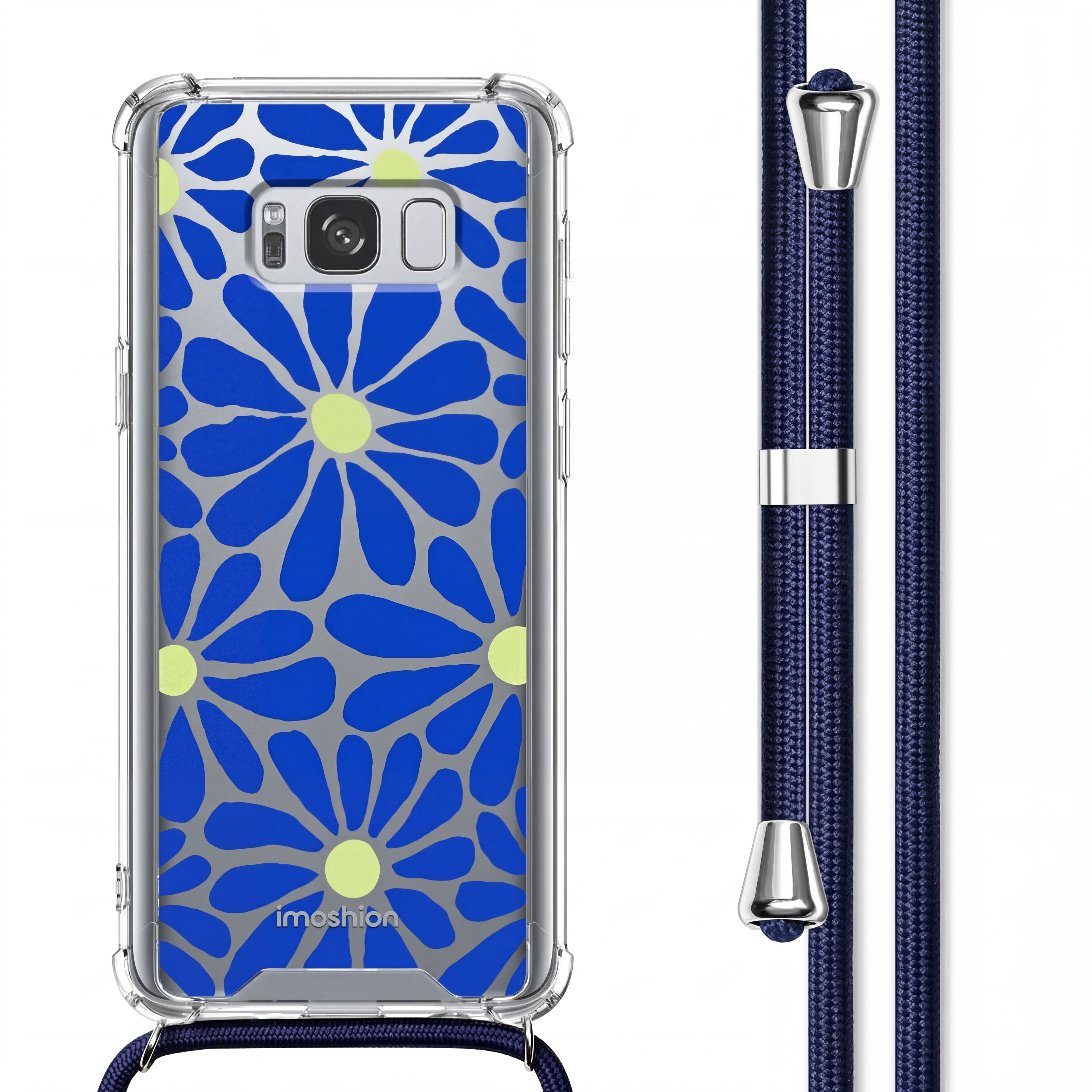 Un smartphone avec une coque transparente à motif floral bleu et jaune.