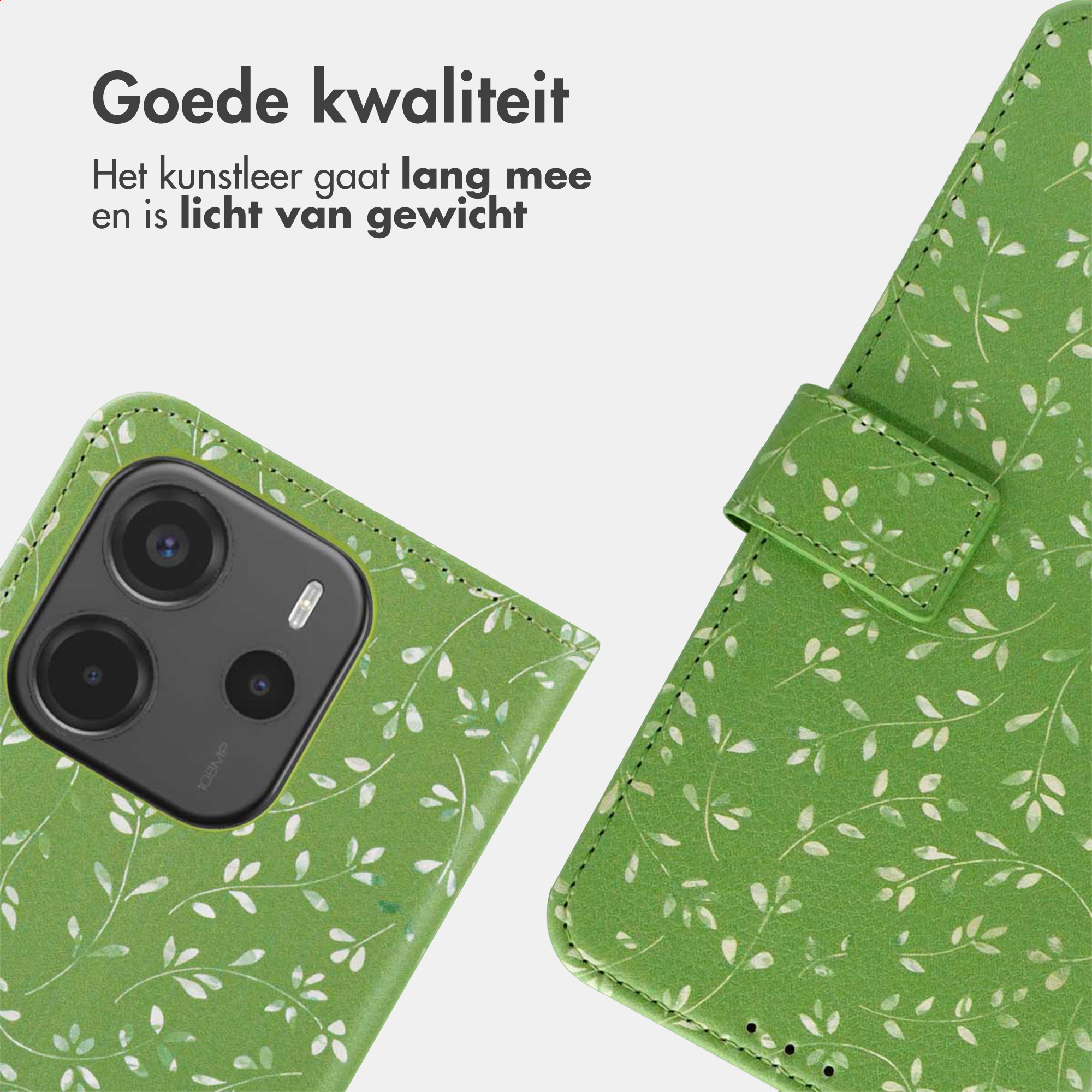 Custodia per telefono verde con motivo a foglie, lenti della fotocamera e chiusura.