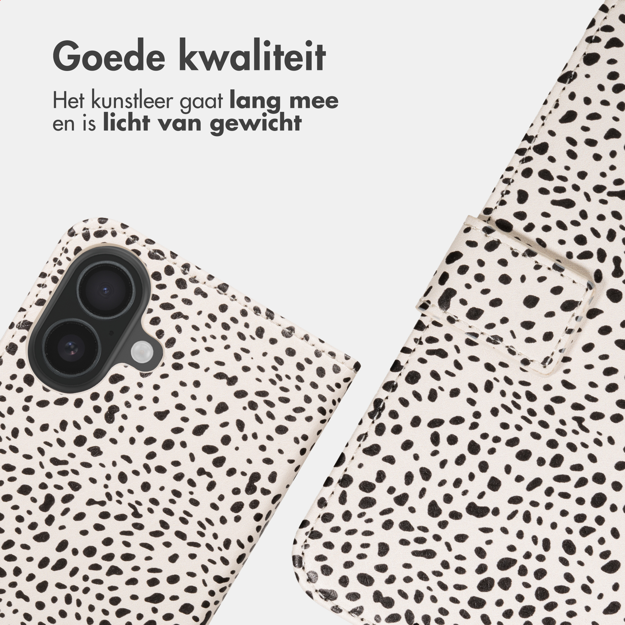 Een telefoonhoesje met dalmatiërprint. Links is de camera zichtbaar.