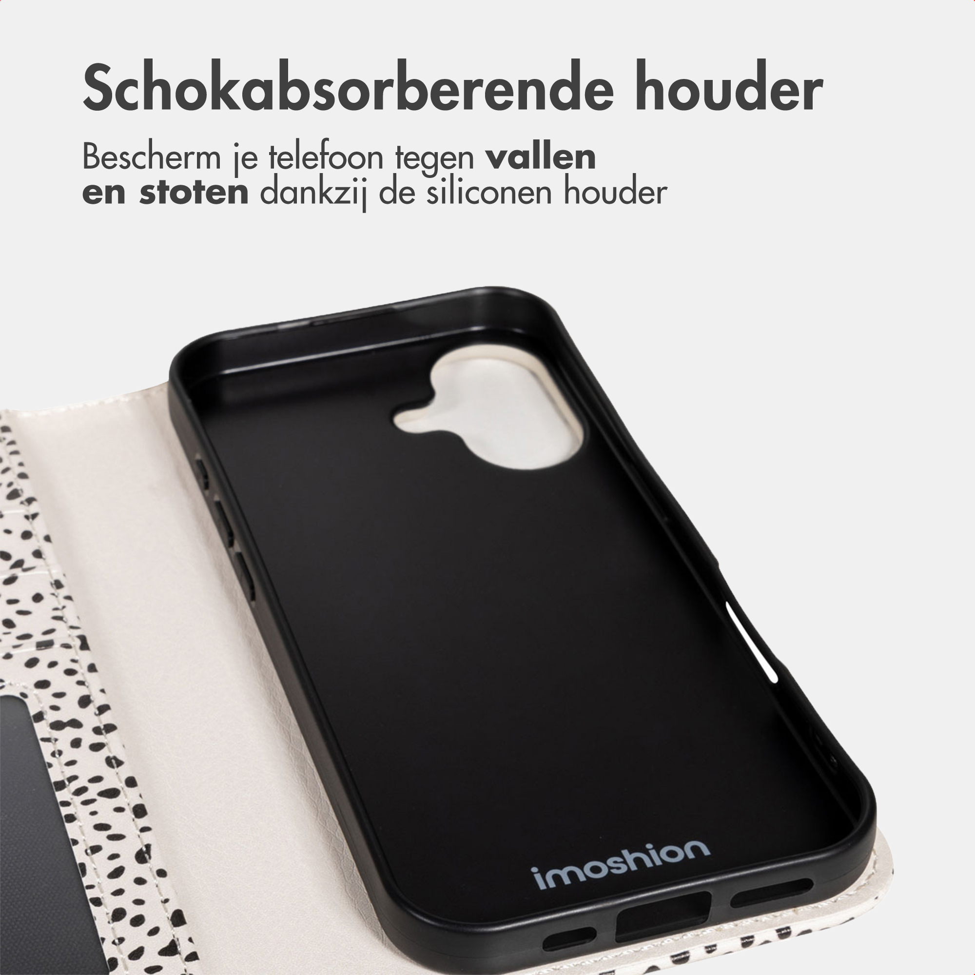 Zwarte telefoonhoes met gevlekte klep. Schokabsorberend.