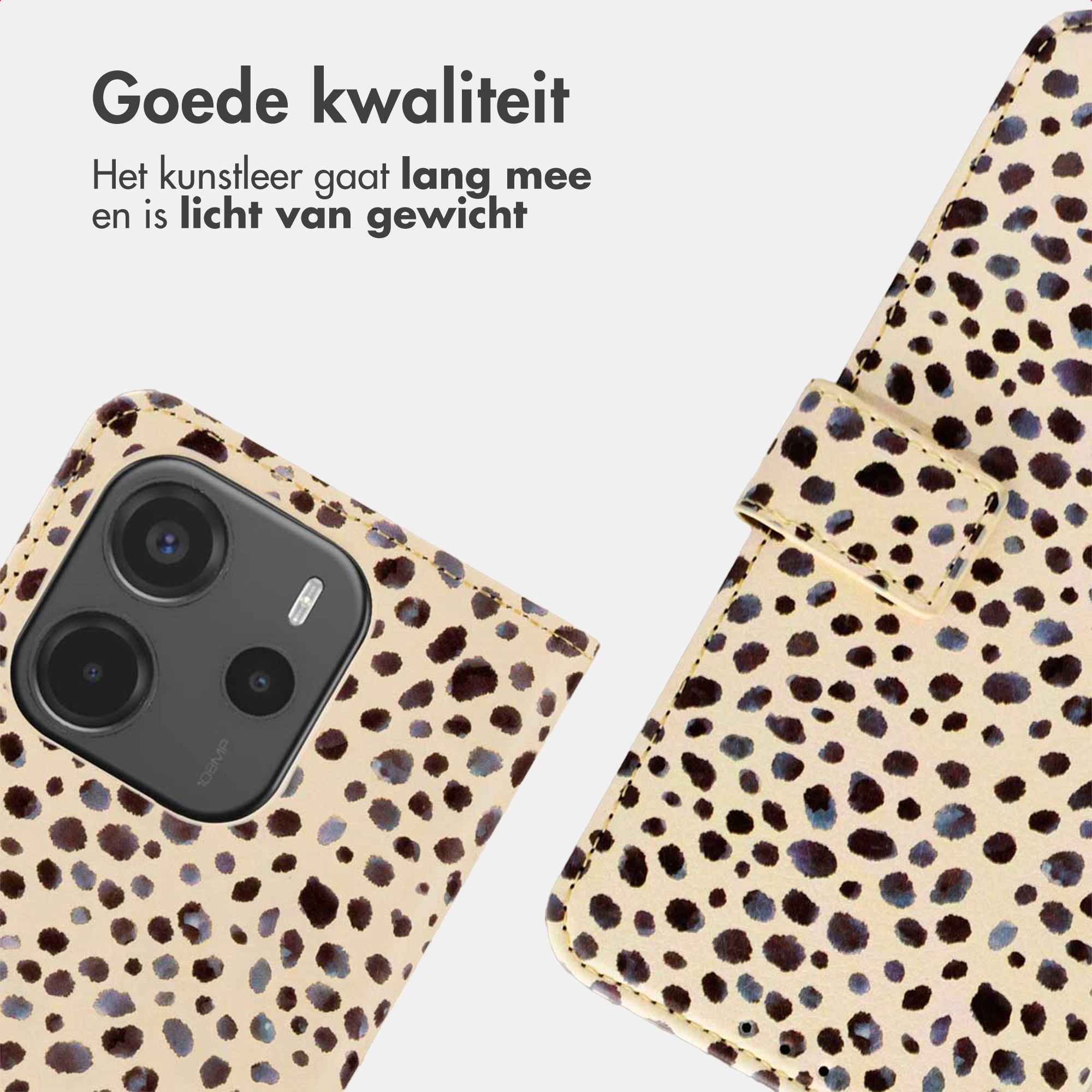 Custodia per telefono con stampa leopardata e obiettivi.