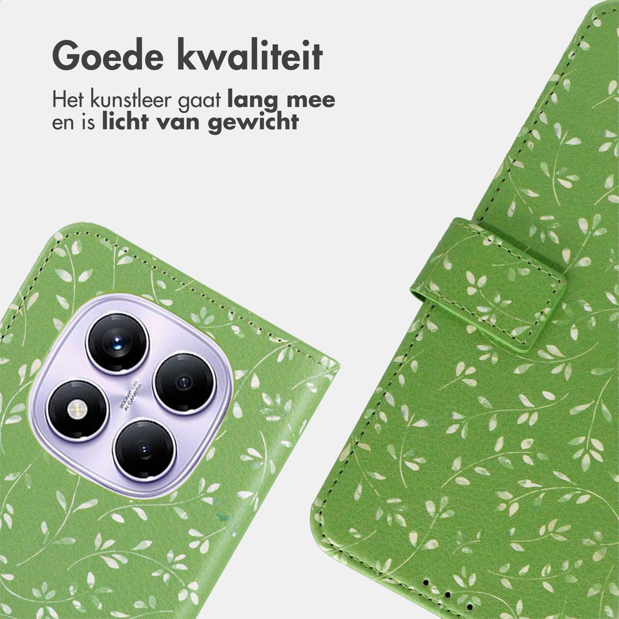 Groene telefoonhoes met bladerpatroon en cameralenzen. Goede kwaliteit.