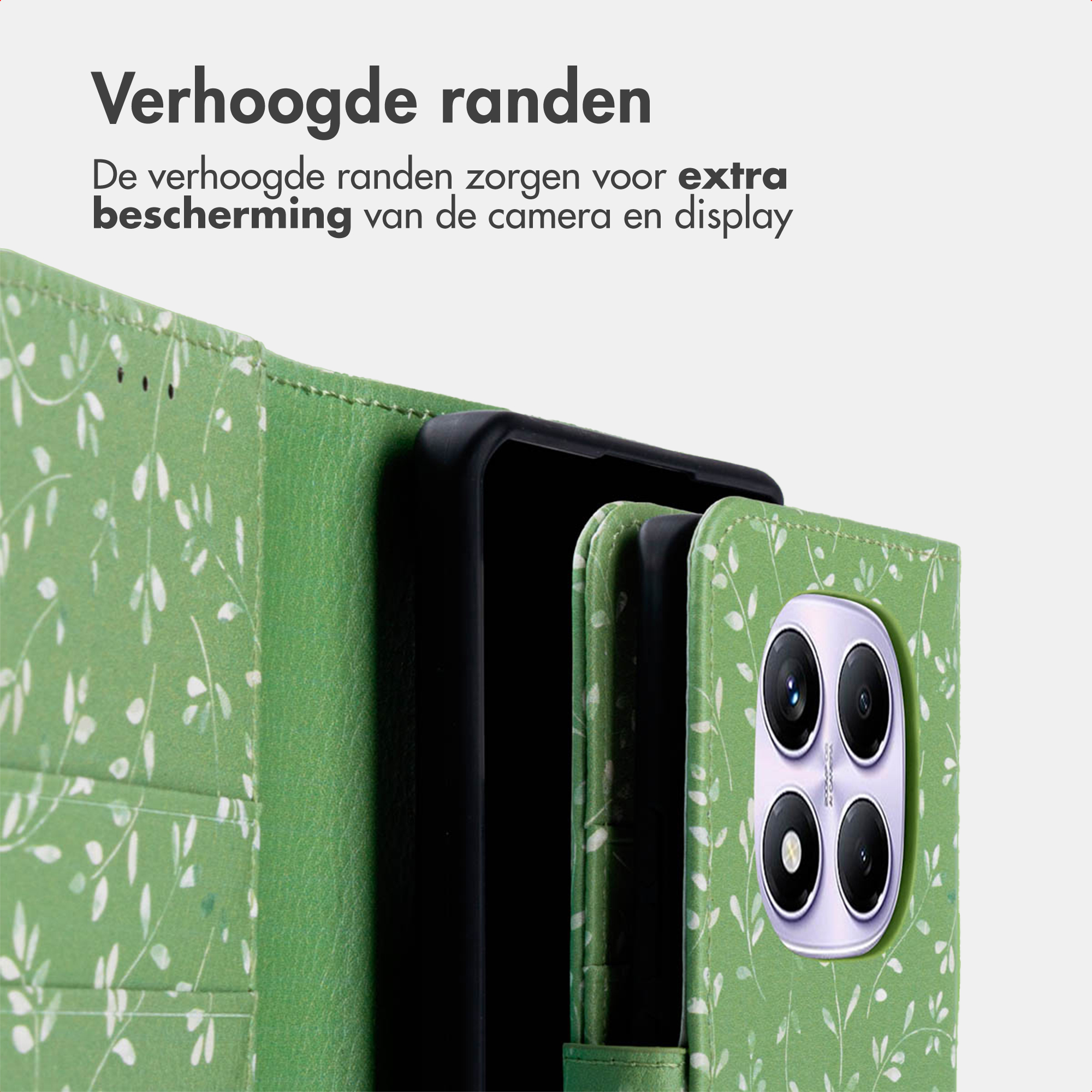 Groene telefoonhoes met bladerpatroon en vierlenzige cameralens.