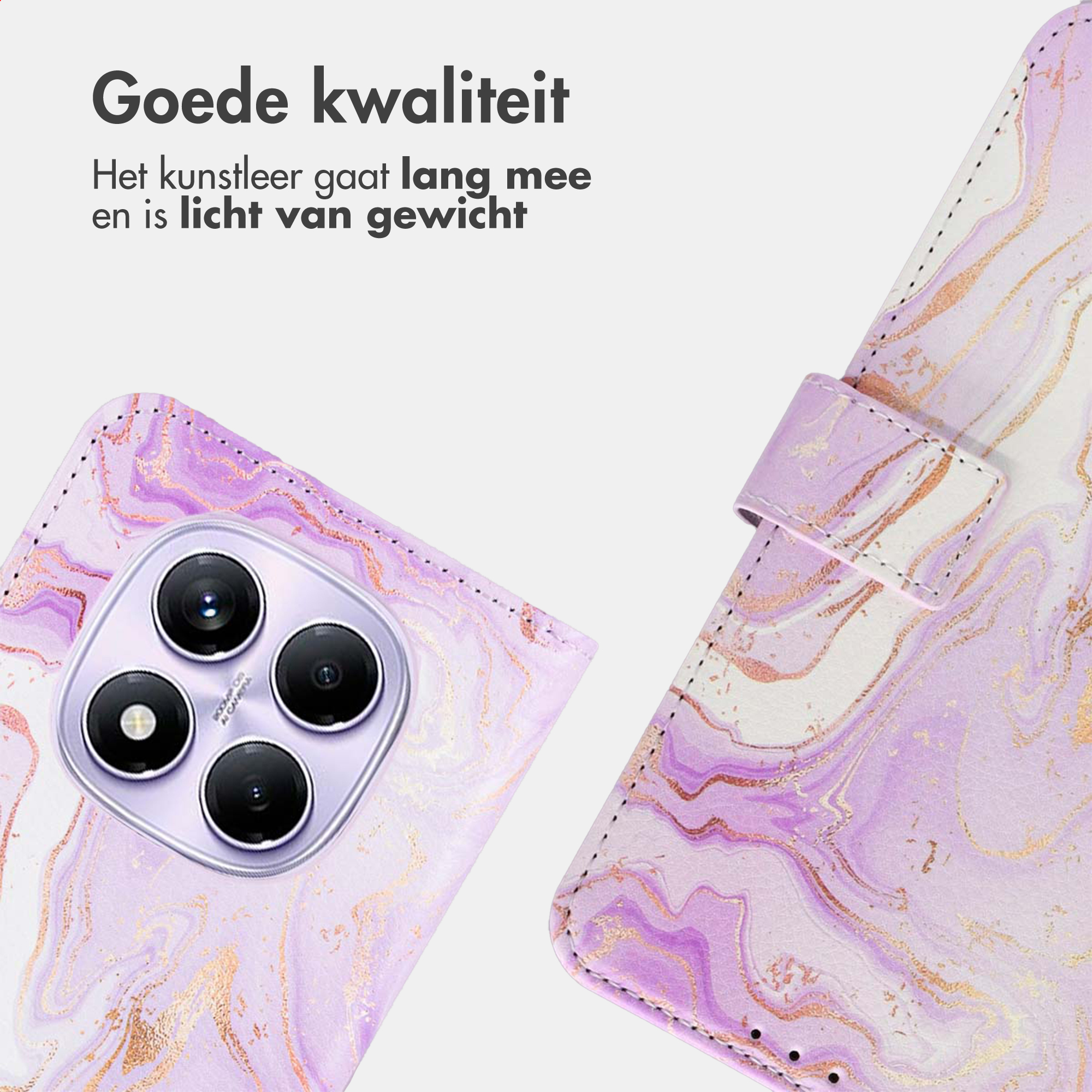 Paarse marmeren telefoonhoes met camera's en Nederlandse tekst.