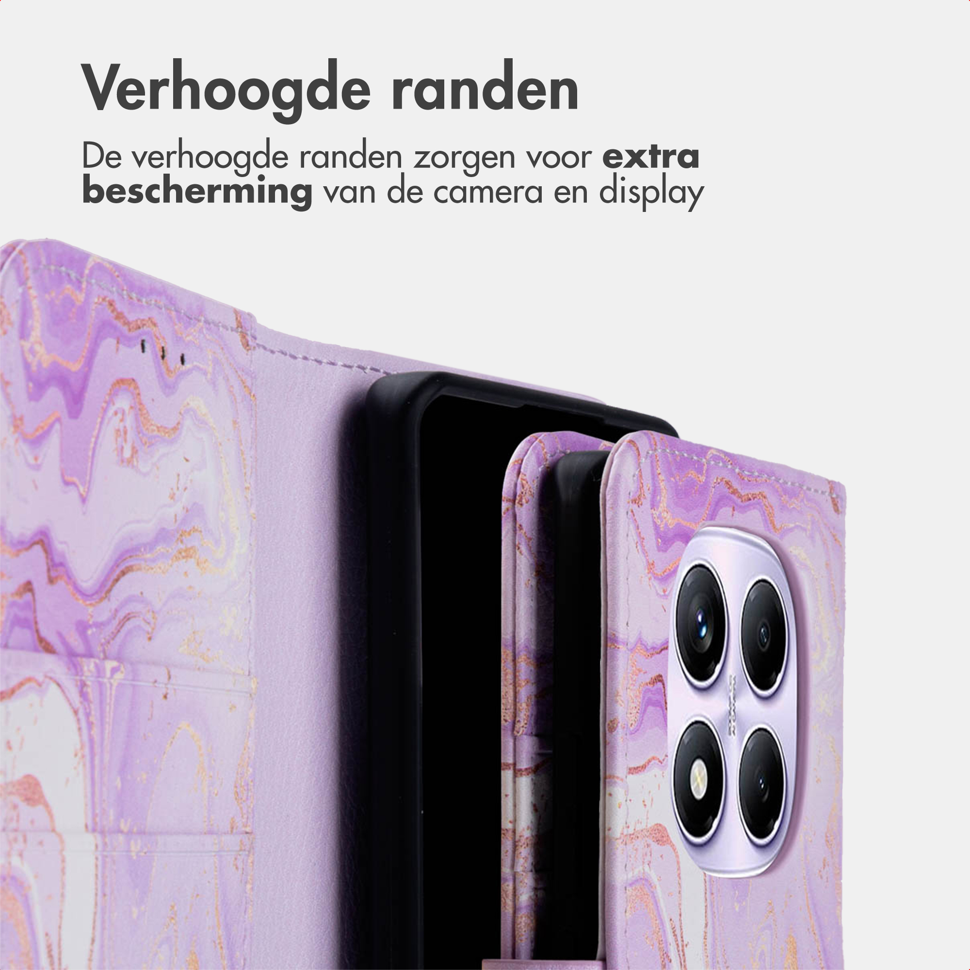 Paarse marmer telefoonhoes met camera en tekst.