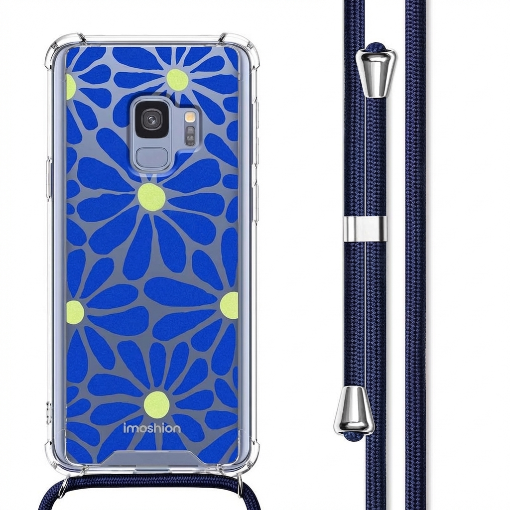 Coque transparente à motif floral bleu et jaune avec cordon bleu foncé.