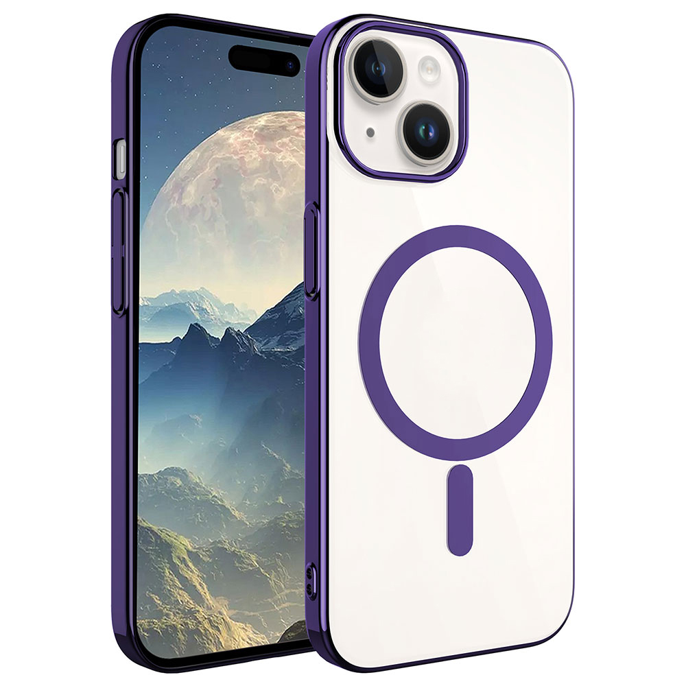 Mor iPhone kılıfı, şeffaf arka ve manyetik halkalı. Ekranda dağ manzarası.