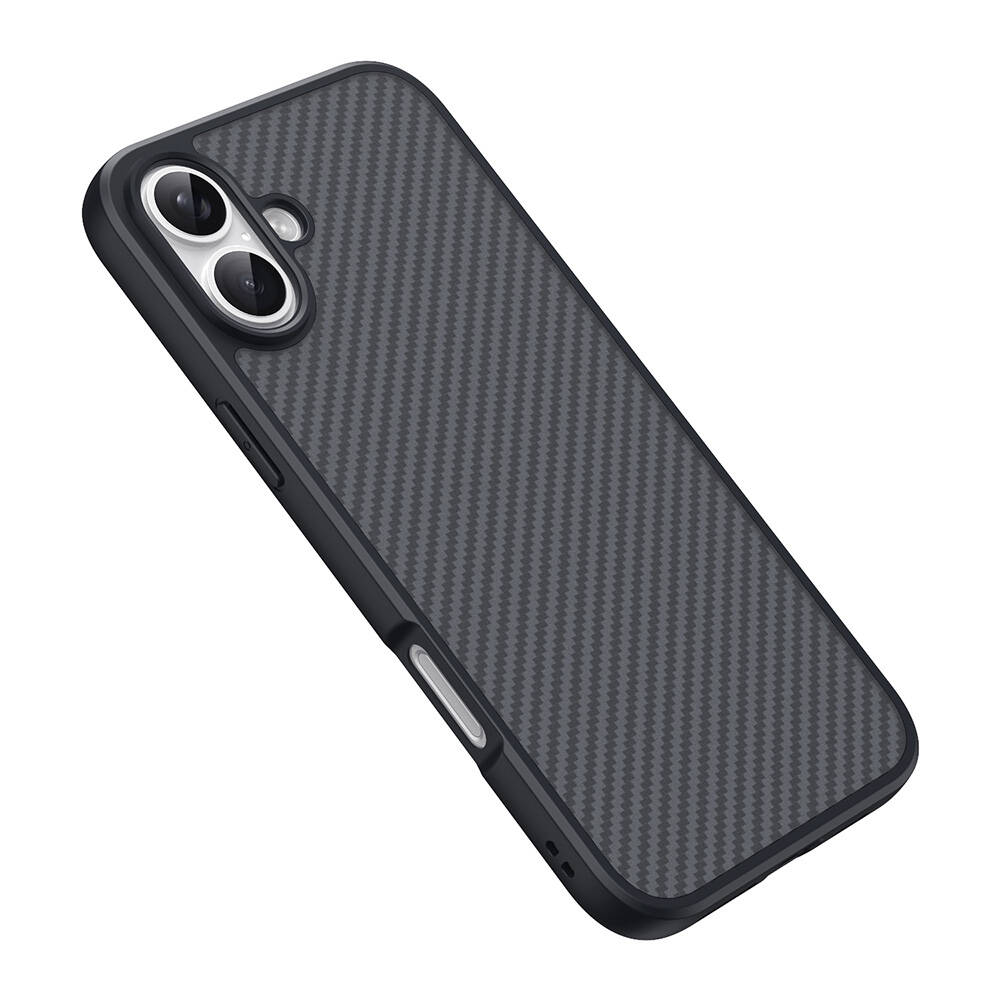 Karbon fiber desenli, kamera kesimli siyah telefon kılıfı.