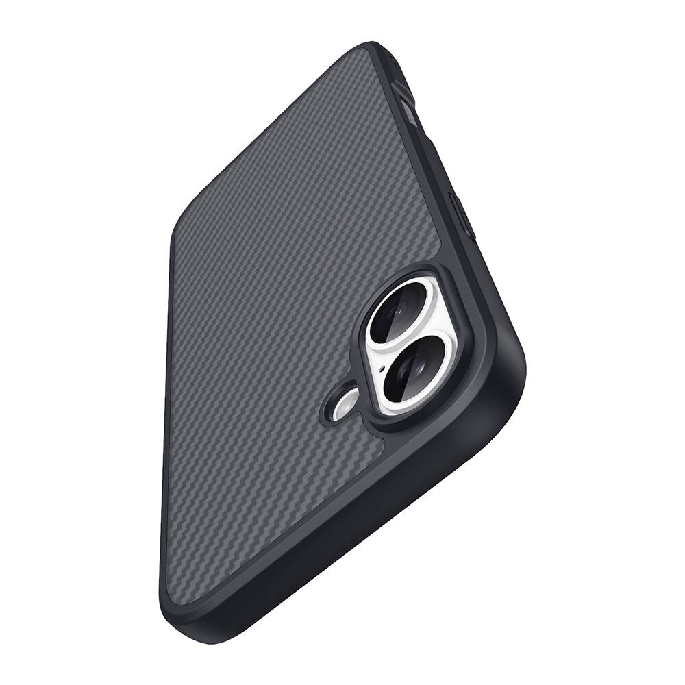 Karbon fiber desenli ve çift kamera kesimli siyah telefon kılıfı.