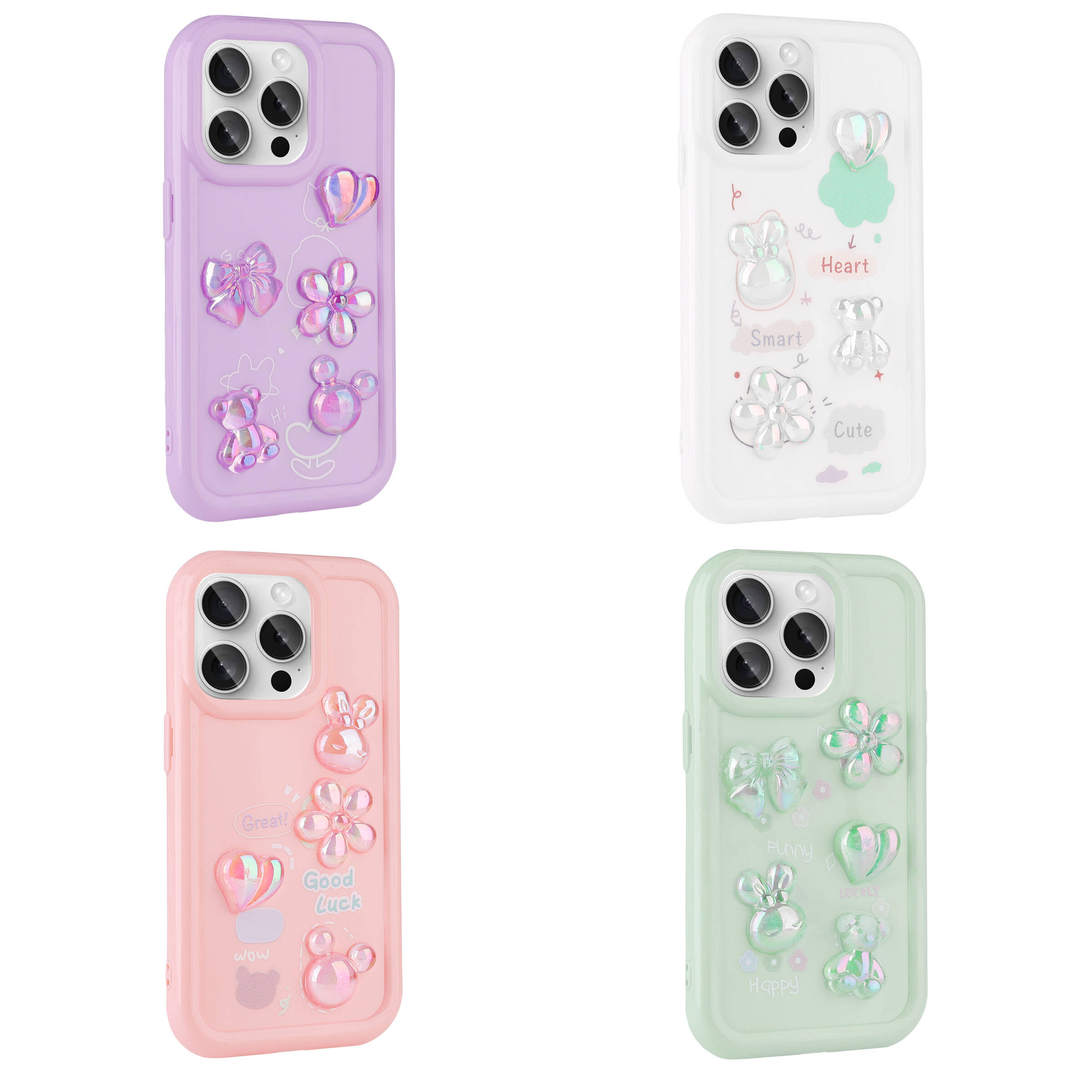 Ayı, çiçek ve kalp motifli dört pastel iPhone kılıfı.