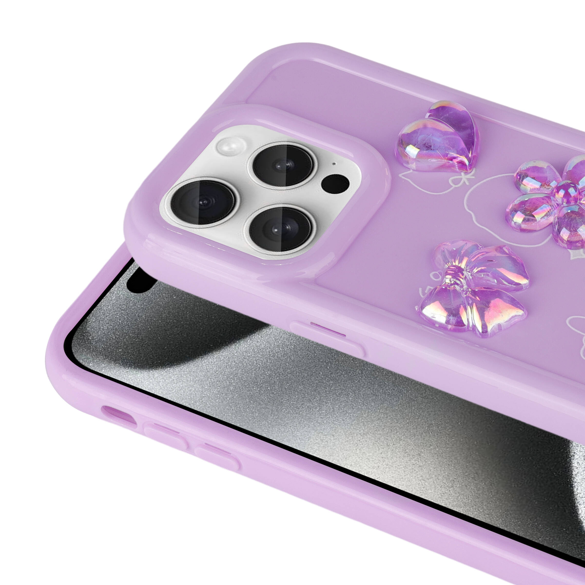 Kalp, çiçek ve kelebek süslemeli mor telefon kılıfı.