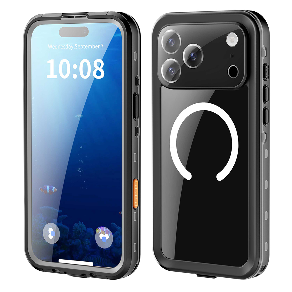 Su geçirmez kılıflı siyah iPhone, ön ve arka görünümler.