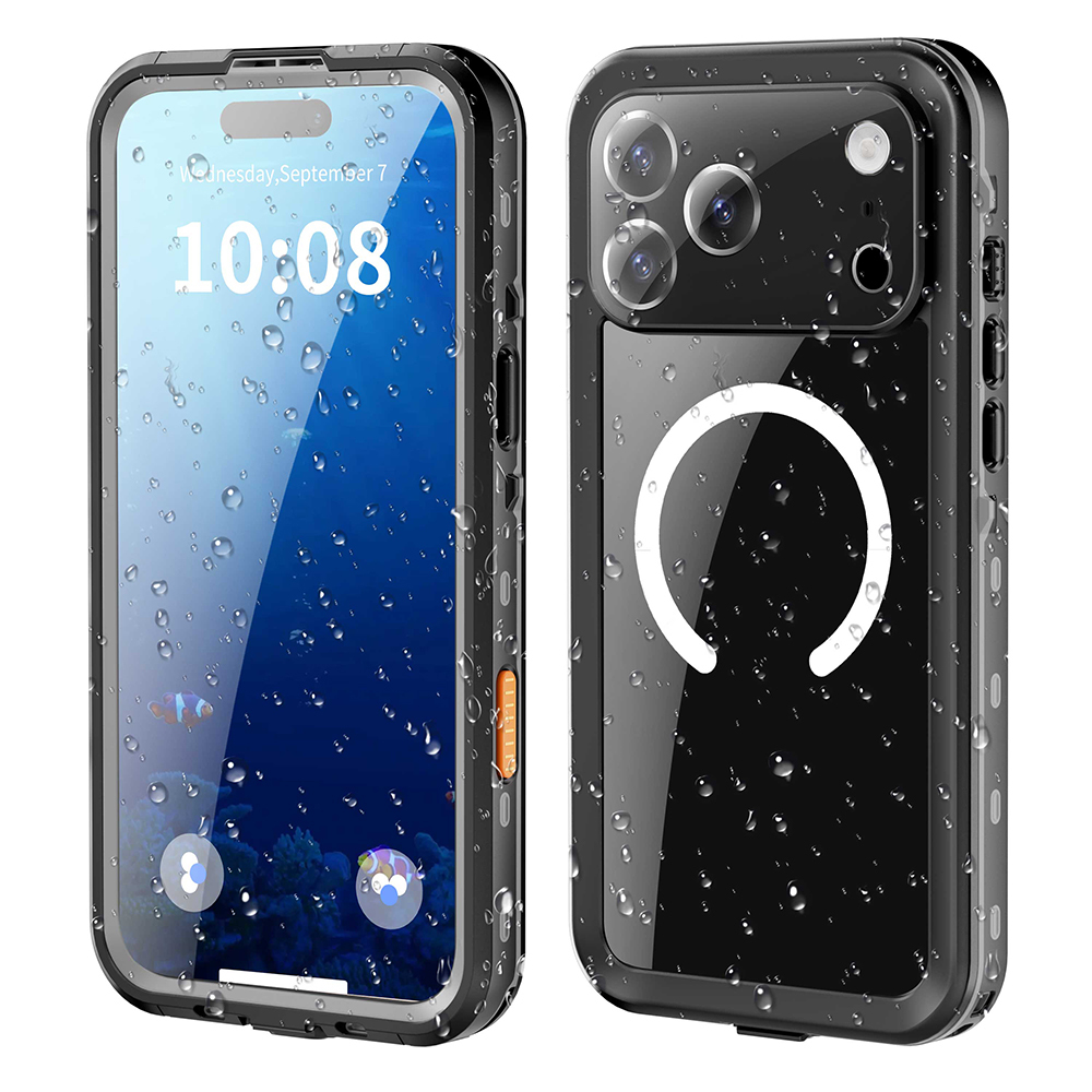 Kameralı ve manyetik halkalı siyah su geçirmez iPhone kılıfı. Ön yüzü su damlalı ekranı gösterir.