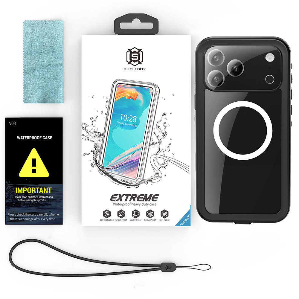 Siyah iPhone kılıfı, ambalajı, mavi bezi ve talimatları beyaz arka planda.