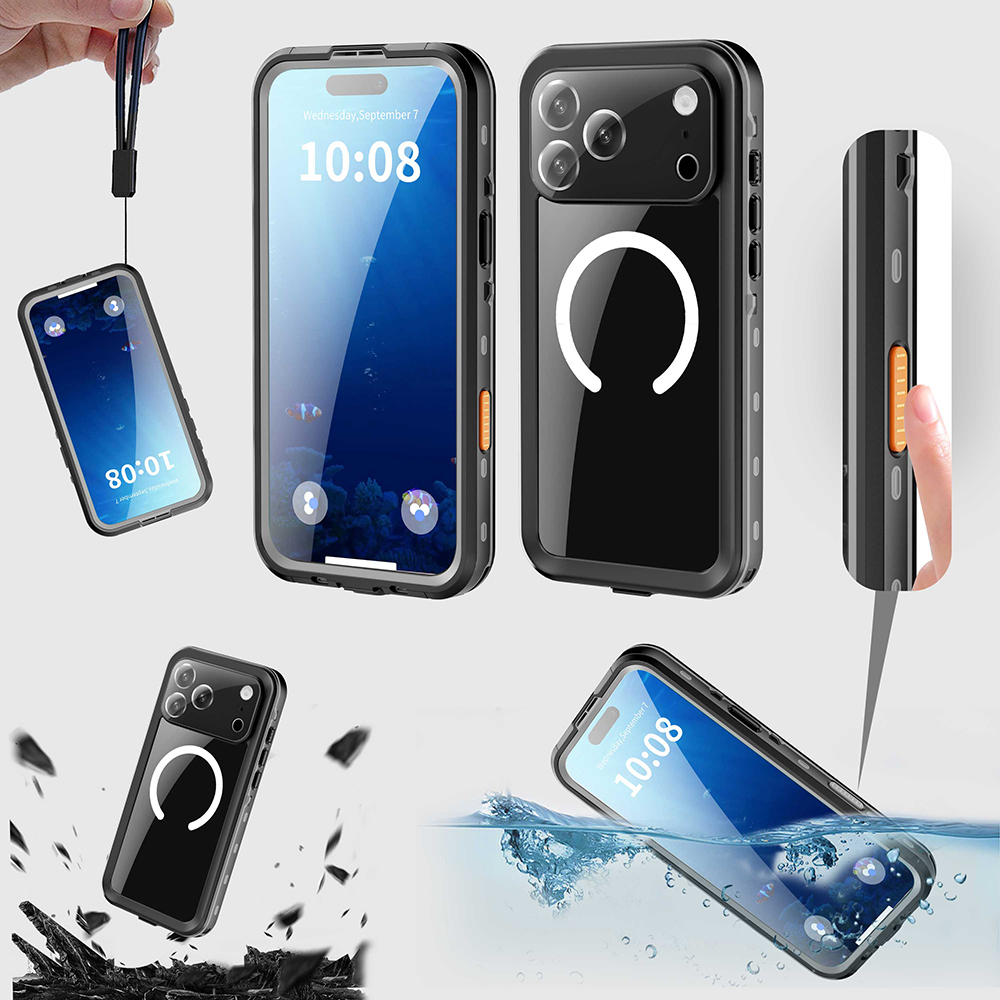 Su geçirmez ve darbeye dayanıklı özelliklerini gösteren siyah iPhone kılıfının çeşitli görünümleri.