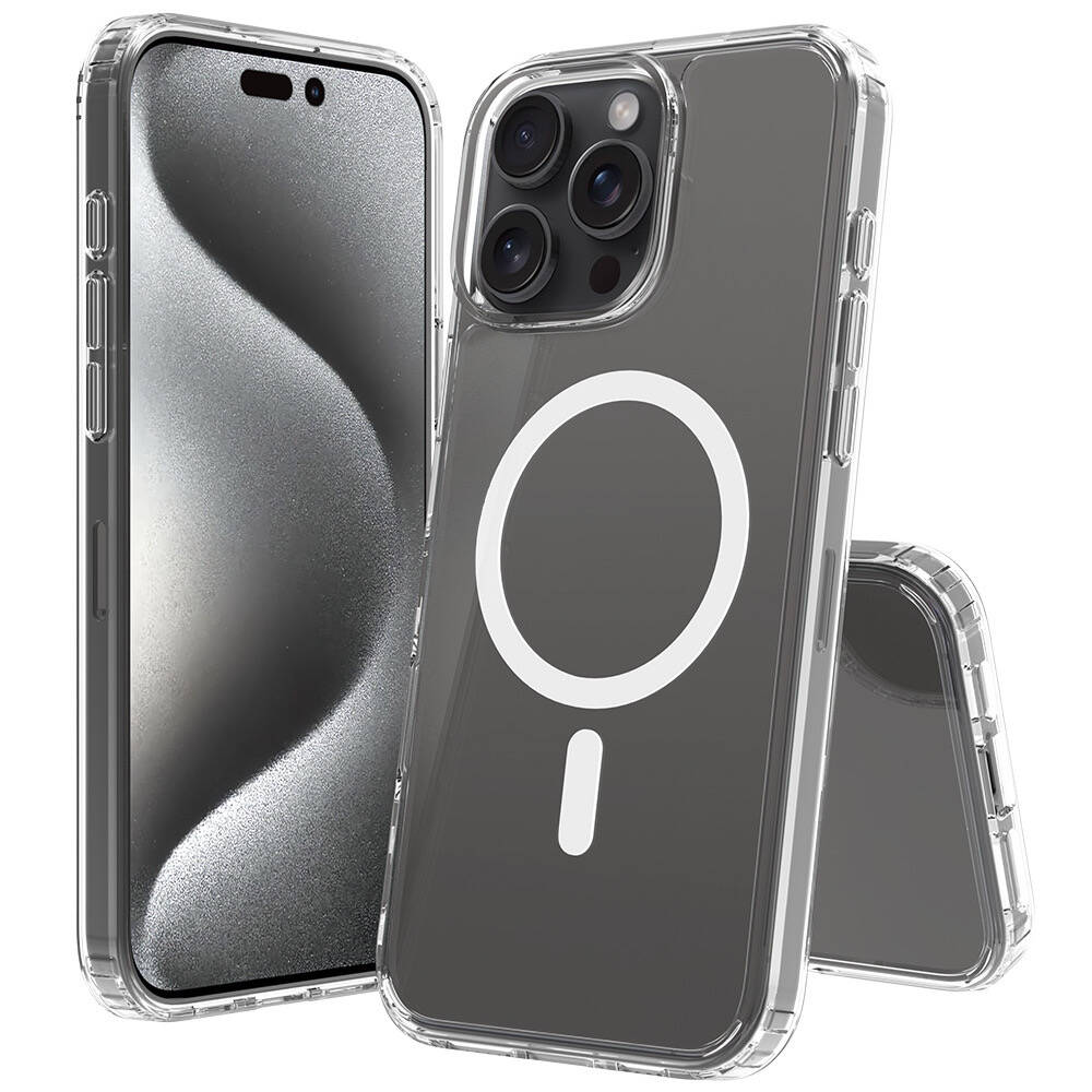 Dairesel manyetik şarj logosu ve çizgili şeffaf telefon kılıfı.