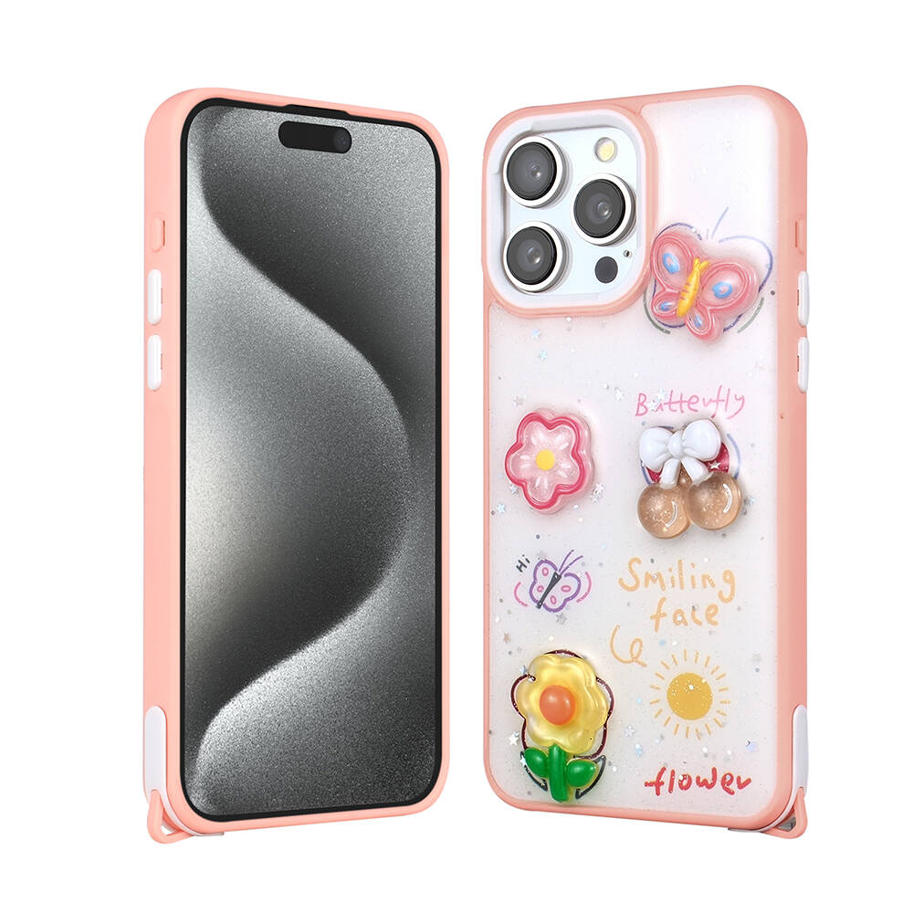 Kelebek, çiçek ve kiraz detaylı pembe iPhone kılıfı.